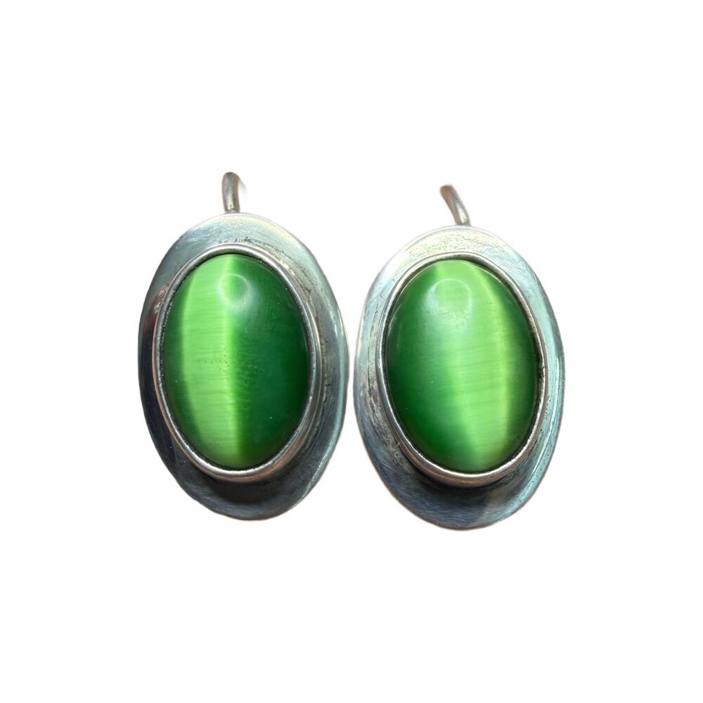 STERLING SILVER 925 ATI MEXICO GREEN OVAL GEMSTONE pierced earrings